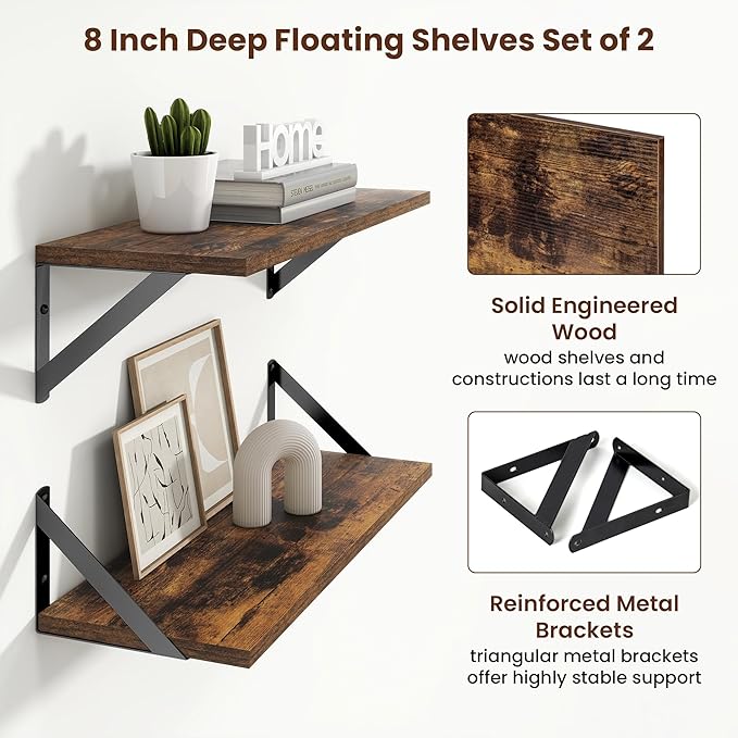 Axeman 20 Inch Floating Shelves | 8 Inch Deep Brown Wall Shelves Set of 2 | 20''W x 8''D Rustic Brown Wood Shelves for Bathroom Living Room Bedroom Kitchen