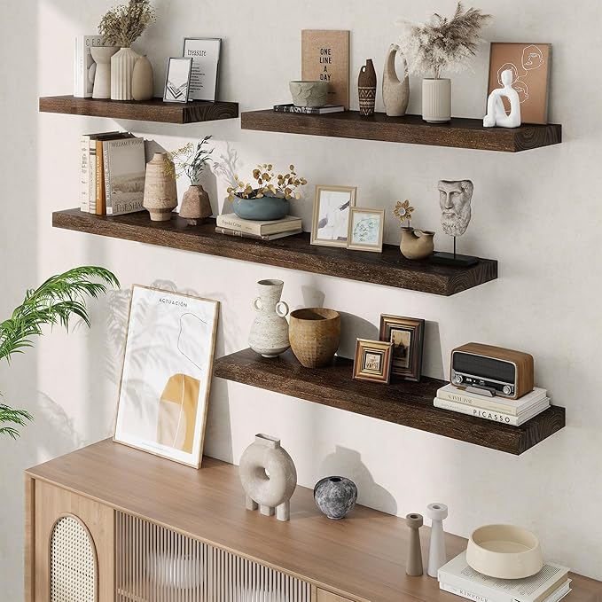 Acovy Extra Deep 36" Long Rustic Solid Wood Floating Shelves for Wall, Wall Shelves with Invisible Bracket for Living Room Bathroom Bedroom Kitchen, Set of 2, Walnut