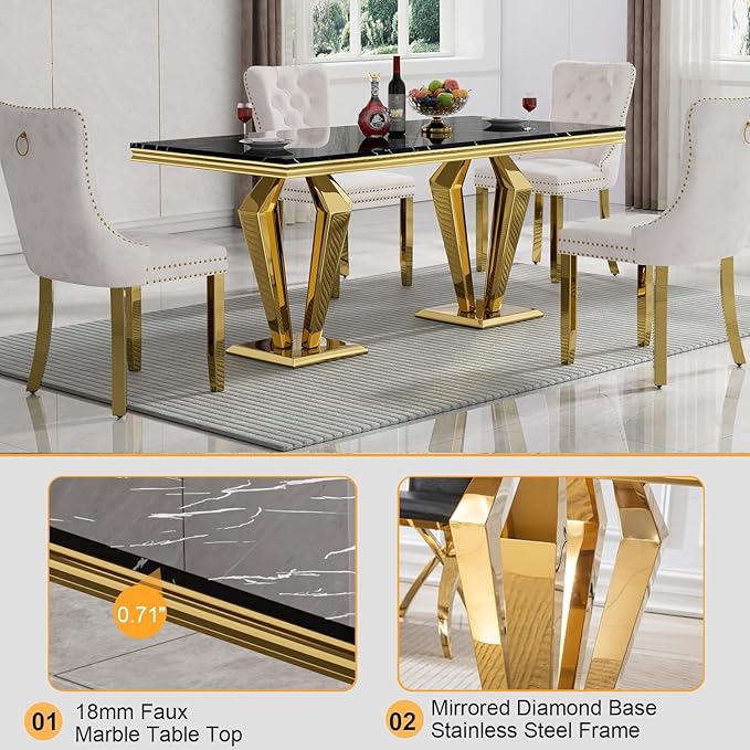Black Marble Dining Table for 4 6 8, Modern 68 Inch Kitchen Table with Faux Marble Top and Gold Dimaond Design Pedestal Base, Luxurious Rectangular Large Dining Room Table,Home Kitchen Furniture