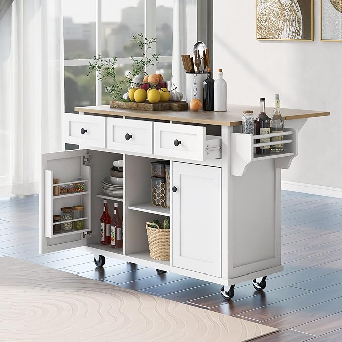 Merax Kitchen Island on Wheels with Storage Drawers and Cabinets, Rolling Kitchen Cart with Drop Leaf, Wood Portable Island with Internal Storage Racks for Dinning Room, White