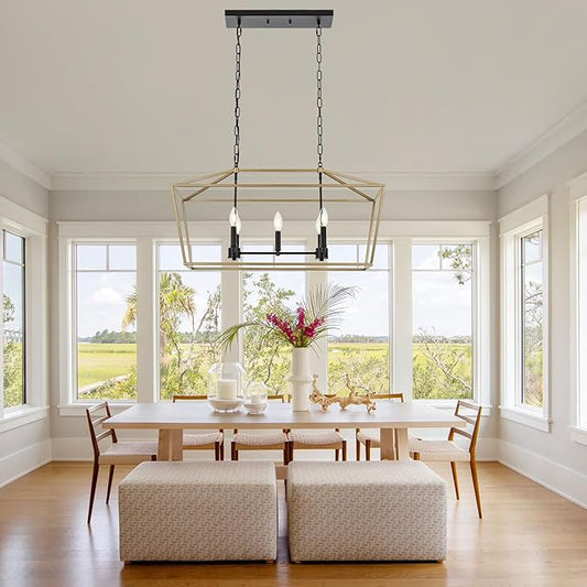 5-Light Kitchen Island Chandelier, Large Farmhouse Linear Pendant in Black and Gold, Vintage Lantern Hanging Light Fixture for Dining Room Over Table, Height Adjustable