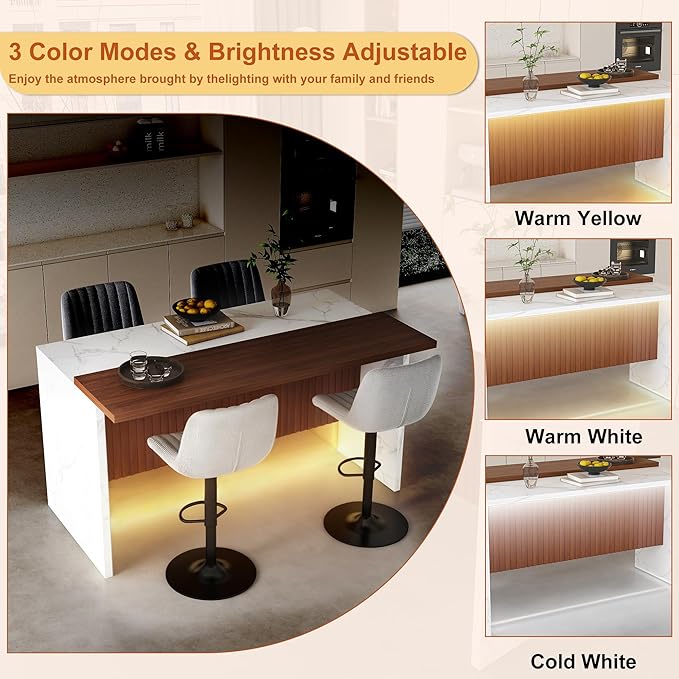 63" Kitchen Island Set with 4 Gray Bar Stools White Marble Look, LED Lighting Grill for Dining Room, Open Concept Spaces, Lounge(4 Gray Bar Stools)