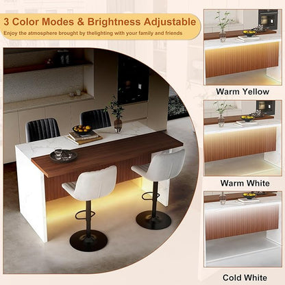 Runboll 63" Large Island Table Set with 4 Bar Stools, Modern Faux Marble Dining Table Set with Multi-Color LED Lights, Kitchen Island with Grille Design for Dining Room, Home, Office, Living Room
