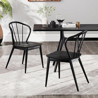 Giantex Wooden Dining Chairs Set of 2, Black Windsor Kitchen Chair w/High Spindle Back & Rubber Wood Legs, Wide Seat & Curved Backrest, Farmhouse Side Chairs, Armless Accent Chair for Home Restaurant