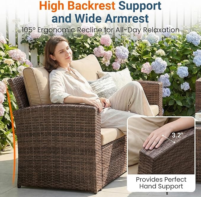 Wisteria Lane Patio Furniture Set, Wicker Outside Outdoor Furniture for All Weather, Patio Sofa with High Backrest Support and Wide Armrest for Backyard, Balcony, Deck, Porch, Brown