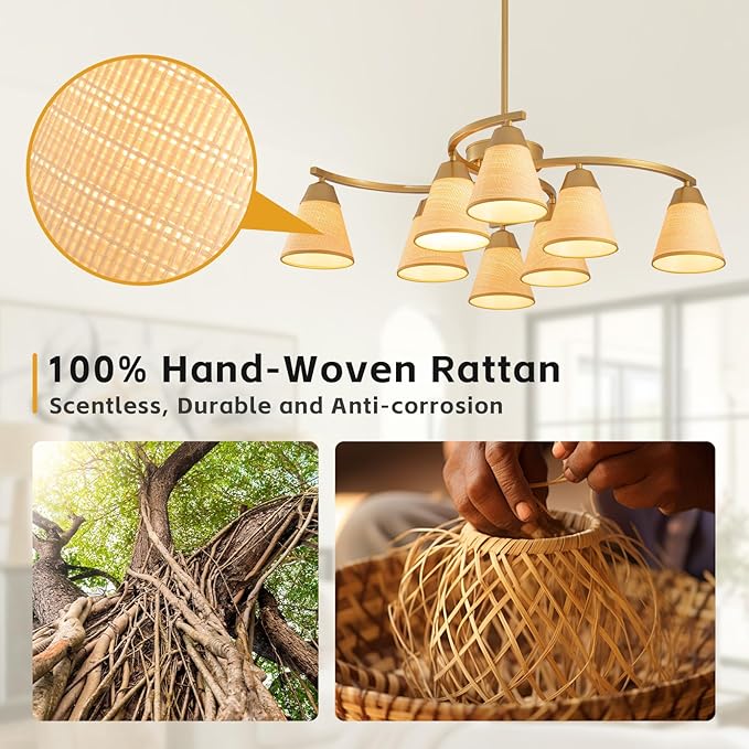Boho Rattan Chandelier Light Fixture, Rustic Farmhouse Pendant Light with Handwoven Shade, 8-Light Adjustable Large Chandeliers for Dining Room,Kitchen Island, Bedroom, Living Room