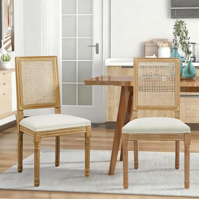 SoarFlash French Dining Chairs Set of 4, Vintage Dining Chairs with Rattan Backrest, Wooden Framehouse Chairs for Living Room, Kitchen, Restaurant, Beige