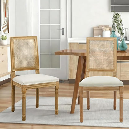 SoarFlash French Dining Chairs Set of 4, Vintage Dining Chairs with Rattan Backrest, Wooden Framehouse Chairs for Living Room, Kitchen, Restaurant, Beige