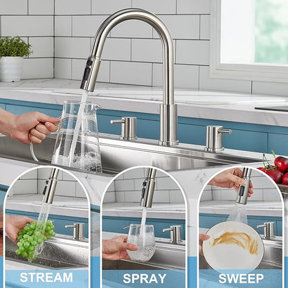 Tohlar Kitchen Faucets, Brushed Nickel Kitchen Faucet Pull Down Sprayer Stainless Steel Sink Faucets with Soap Dispenser Commercial Modern Rv Faucets, Llaves para fregaderos de cocina