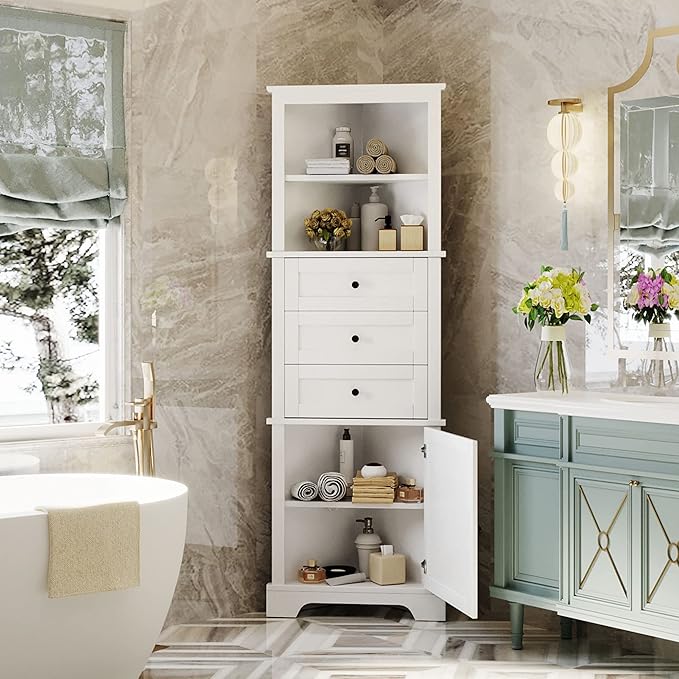 69" H Tall Corner Cabinet with Adjustable Shelves and Drawers, Storage Bookshelf Space Saver for Bathroom or Kitchen, White