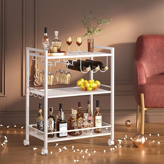 Joaxswe Bar Cart, Home Bar Serving Cart with 3-Tier Shelf,Microwave Cart with Lockable Wheels,Mobile Kitchen Shelf,Rolling Beverage Cart with Wine Rack and Glass Holder for Kitchen,Dinning Room,White