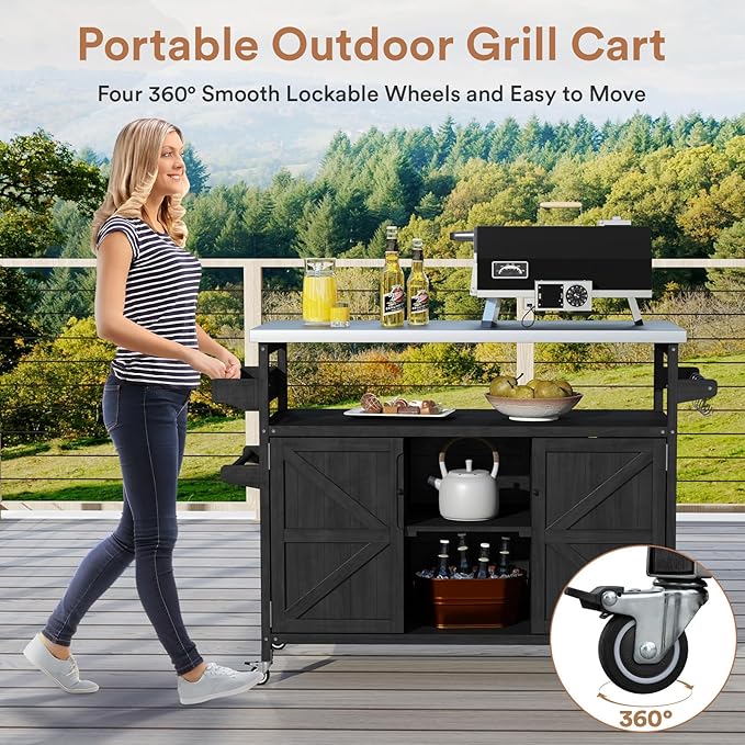Zevemomo Outdoor Grill Cart, Stainless Steel Tabletop Outdoor Kitchen Island, Solid Wood Outdoor Buffet Cabinet with Lockable Wheels for Grilling, Black