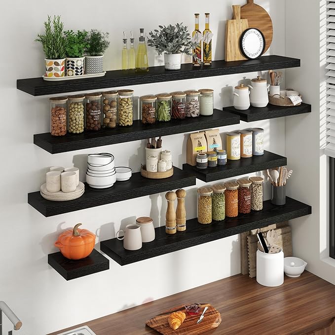 20 Inch Floating Shelves for Wall, 8 Inch Deep Floating Shelf for Storage & Display, Rustic Wall Mounted Shelf with Invisible Brackets for Living Room, Kitchen, Bathroom, Home Decor, Set of 2, Black