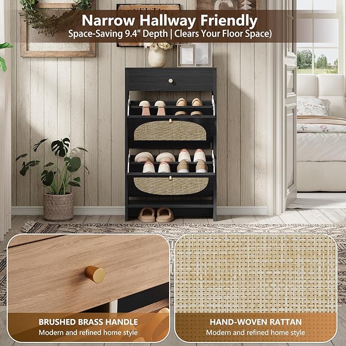 Nicetree Shoe Cabinet for Entryway, Slim Shoe Rack with 2 Flip Drawers and Top Storage Drawer, Narrow Shoe Organizer with Printed Rattan-Look Design, Entryway Shoe Storage for Size 12 Shoes, Black