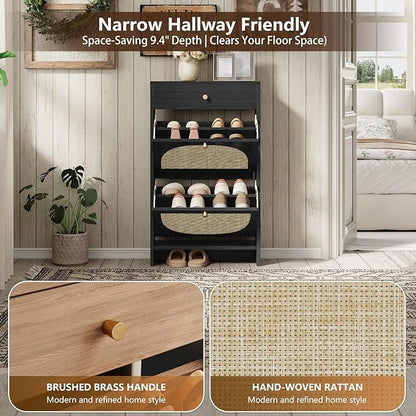 Nicetree Shoe Cabinet for Entryway, Slim Shoe Rack with 2 Flip Drawers and Top Storage Drawer, Narrow Shoe Organizer with Printed Rattan-Look Design, Entryway Shoe Storage for Size 12 Shoes, Black