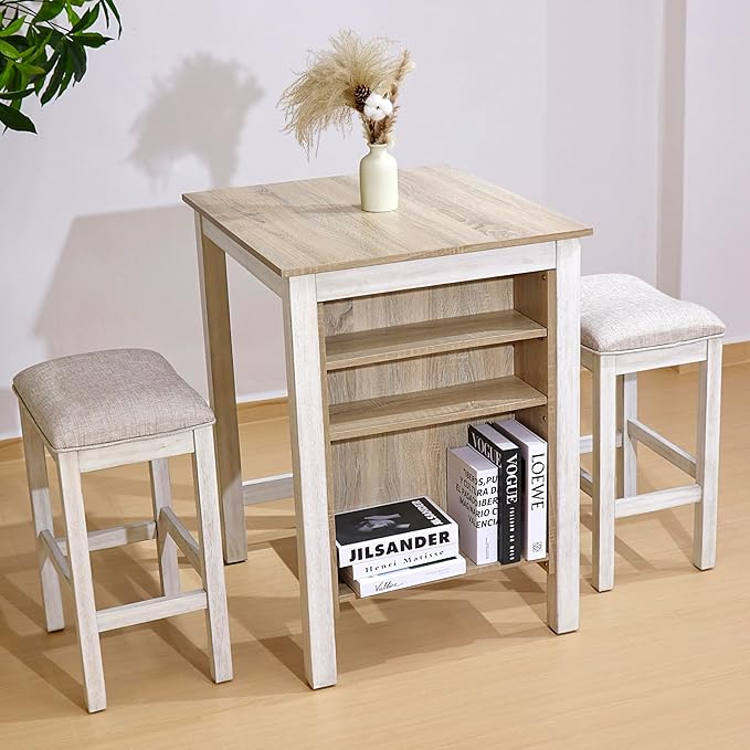 3pcs Counter Height Dining Table Set with Storage Shelves, Modern American White Oak Set for Small Spaces, Compact Kitchen Island Table 2 Chairs for Apartment Studio (Ameican White Oak)