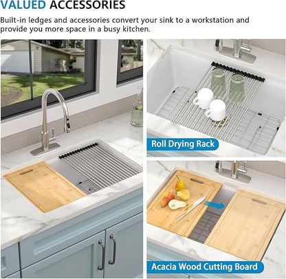 28"x19" Granite Composite Kitchen Sink - White Undermount Ledge Workstation Quartz Classic Under Counter Single Bowl Basin