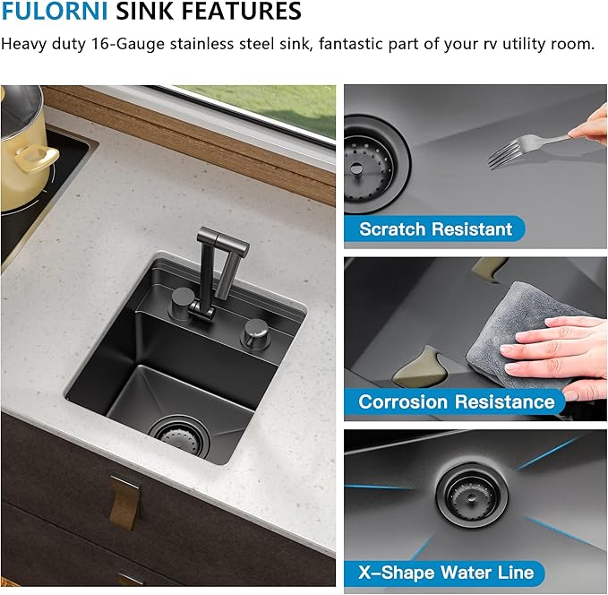 13"x15" Undermount RV Kitchen Sink Workstation – Gunmetal Black NANO-PVD, 16 Gauge 304 Stainless Steel, Single Bowl Basin with Foldable Faucet for Mobile Home, Wet Bar, Outdoor RV Kitchen
