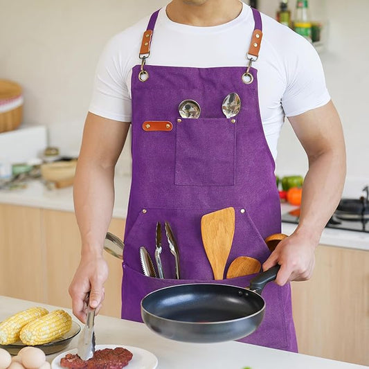 Aoomzoon Canvas Aprons for Men Chef Apron, Work Apron with Large Pockets - 16oz Heavy Duty Cross Back, BBQ, Cooking