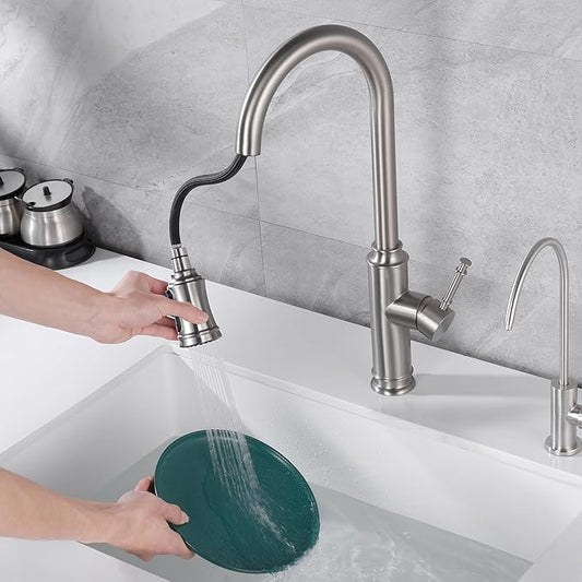 SUMERAIN Kitchen Faucet with Pull Down Sprayer Single Handle High Arc Pull Out Kitchen Sink Faucet Stainless Steel, Brushed Nickel