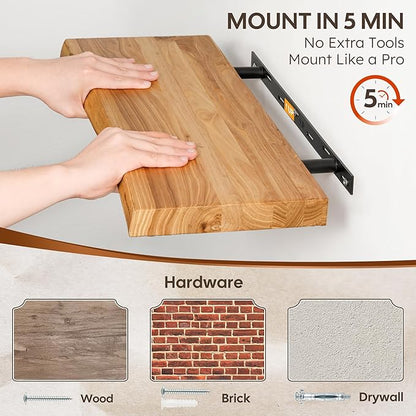 Floating Shelves Set of 2, Solid Elm Wood Wall Shelves 36 Inch - Invisible Bracket Mount for Living Room, Bedroom, Kitchen, Bathroom - Natural