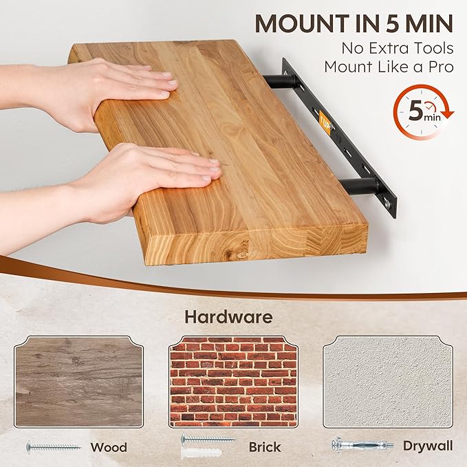 48" Rustic Elm Floating Shelves - Solid Wood Live Edge with Invisible Brackets, Wall Mounted Shelf for Living Room, Kitchen & Bathroom Decor, Natural