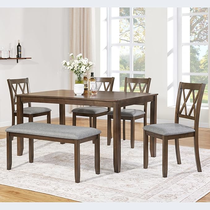 6-Piece Dining Table Set for 6 People, Wooden Rectangular Kitchen Table with 4 Upholstered Chairs and a Bench, Modern Dining Room Table Set for Kitchen and Dining, Walnut