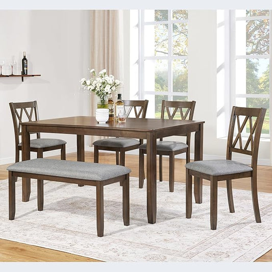 6-Piece Dining Table Set for 6 People, Wooden Rectangular Kitchen Table with 4 Upholstered Chairs and a Bench, Modern Dining Room Table Set for Kitchen and Dining, Walnut