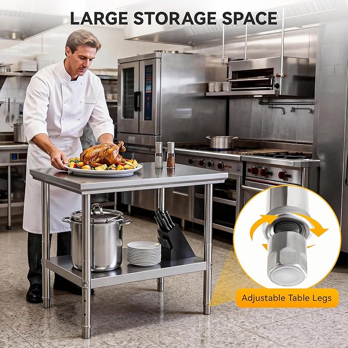 DWVO 30x24in Stainless Steel Table, NSF Metal Prep Worktable with Adjustable Shelf for Kitchen Restaurant Hotel Garage Warehouse Home