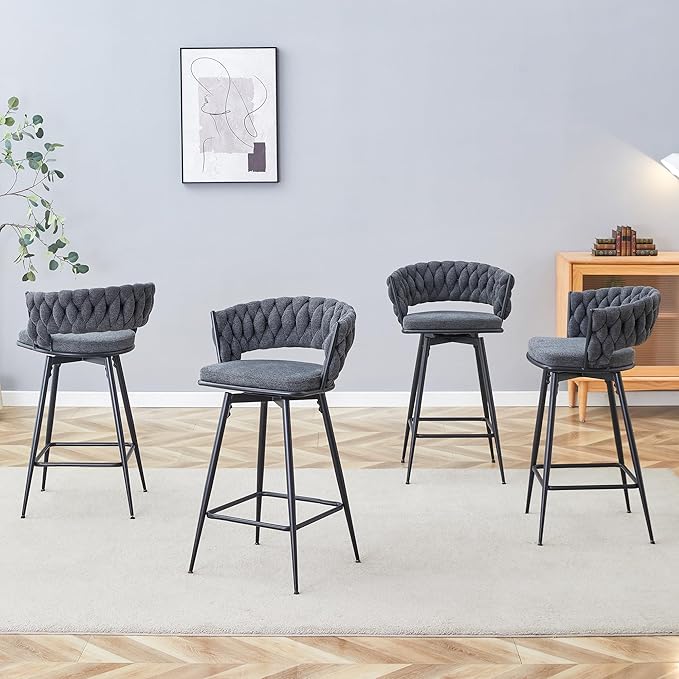 4 Set Swivel Bar Stools with Breathable Linen Cotton Seats 360° Rotating Counter Height Stools, Heavy Duty Iron Frame, 300lb Capacity for Kitchen Island, Dining Pub Blackish Gray