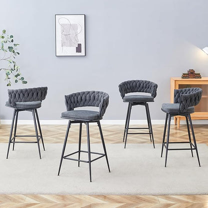 4 Set Swivel Bar Stools with Breathable Linen Cotton Seats 360° Rotating Counter Height Stools, Heavy Duty Iron Frame, 300lb Capacity for Kitchen Island, Dining Pub Blackish Gray