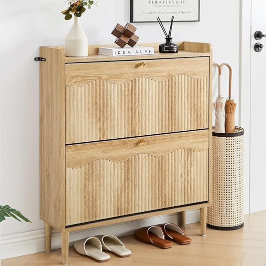 BERRYMERRY 31.5” Fluted Shoe Storage Cabinet for Entryway, 2 Flip Drawers Narrow Shoe Organizer Cabinet with Wave Profile for Hallway,Living Room