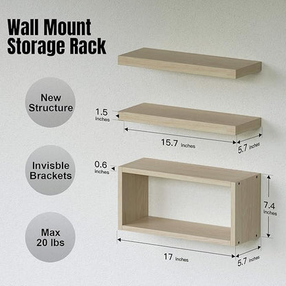 RICHER HOUSE Floating Shelves Set of 3, Modern Bathroom Shelves Wall Mounted with Invisible Brackets Over Toilet, Rustic Wall Shelves for Bathroom Bedroom, Living Room, Kitchen - Light Brown