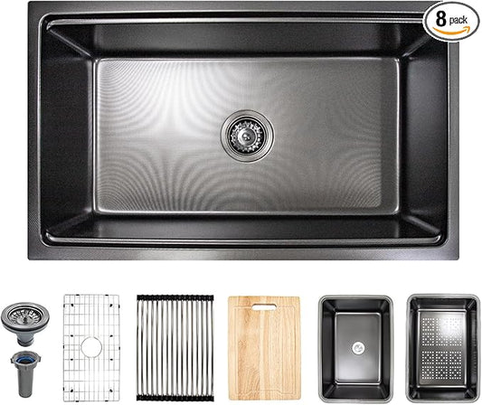 Black Sink, 304 Stainless Steel Single Bowl Undermount 30×18 Inch Workstation Kitchen Sink with Sink Grid and Cutting Board
