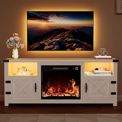 YESHOMY LED Fireplace TV Stand with Mood Lighting, TV Cabinet with Open Shelf, Farmhouse Media Console with Hidden Cable Routing, Entertainment Center for Televisions up to 65+ Inch, White