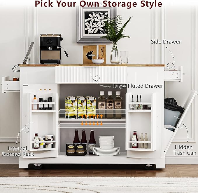 Modern Dining Table Kitchen Island with Drawers, Fluted Design, Power Outlet, Shelves, Mobile Rolling Cart for Dining Room and Kitchen,White-MDF