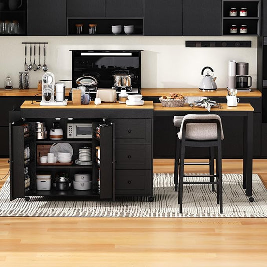 GOWE K&K 74.8" Kitchen Island with Extendable Dining Table, Kitchen Storage Cart with 3 Drawers, Power Outlet, Rolling Kitchen Island on Wheels with Spice Rack and 2 Door Cabinet, for Kitchen, Black