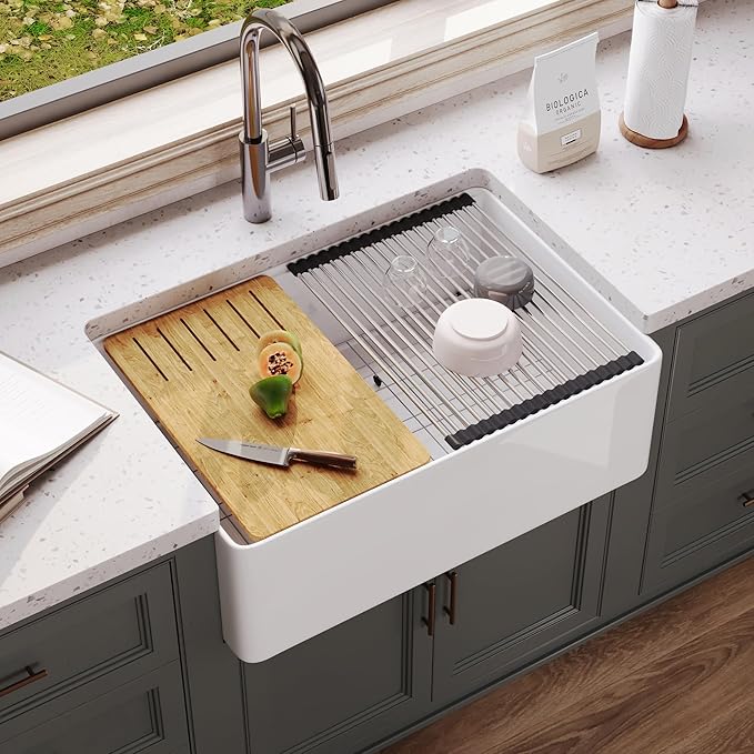 DeerValley Farmhouse Kitchen Sink Workstation 30 inch, White Fireclay Apron Front Farm Sinks, Single Bowl Deep Drop In Undermount Sink with Accessories