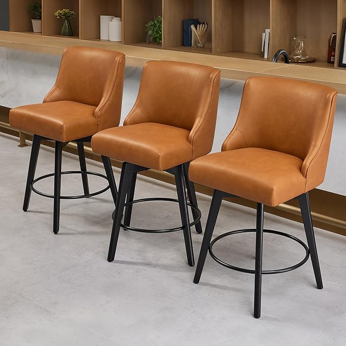 Counter Height Bar Stools Set of 6, Swivel Barstools with Backs and Wood Legs, Faux Leather Upholstered Counter Stools for Kitchend Island, Mid-Century Modern 26" Seat Height Bar Chairs, Brown