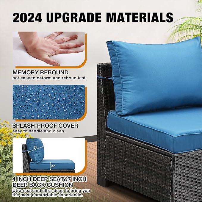 JOYURE 8 Pieces Patio Furniture Set All-Weather Outdoor Wicker Sectional Conversation Sofa Rattan Patio Seating Sofa with Cushion and Glass Table for Porch Poolside,Peacock Blue