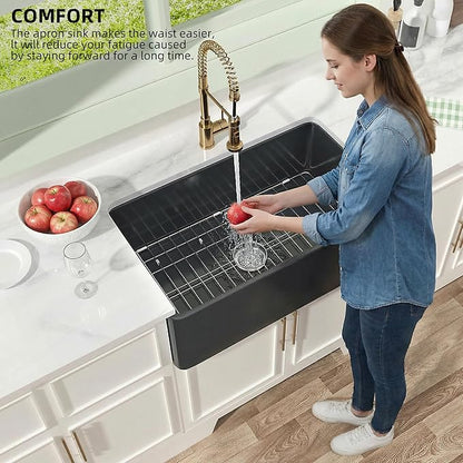 Miuara Black Farmhouse Sink 30 Inch - Apron Front Undermount Kitchen Sink Reversible 30"x18"x10", Farm House Style Single Bowl, Heavy Duty Solid Fireclay, Matte Black, for Kitchen