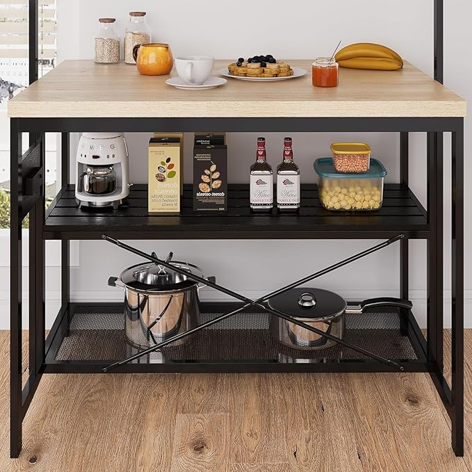 IDEALHOUSE 47" Kitchen Island with Power Outlet - 3-Tier Bakers Rack & Microwave Stand, Metal Coffee Bar Table for Kitchen, Dining & Living Room, Large Mobile Storage Cart