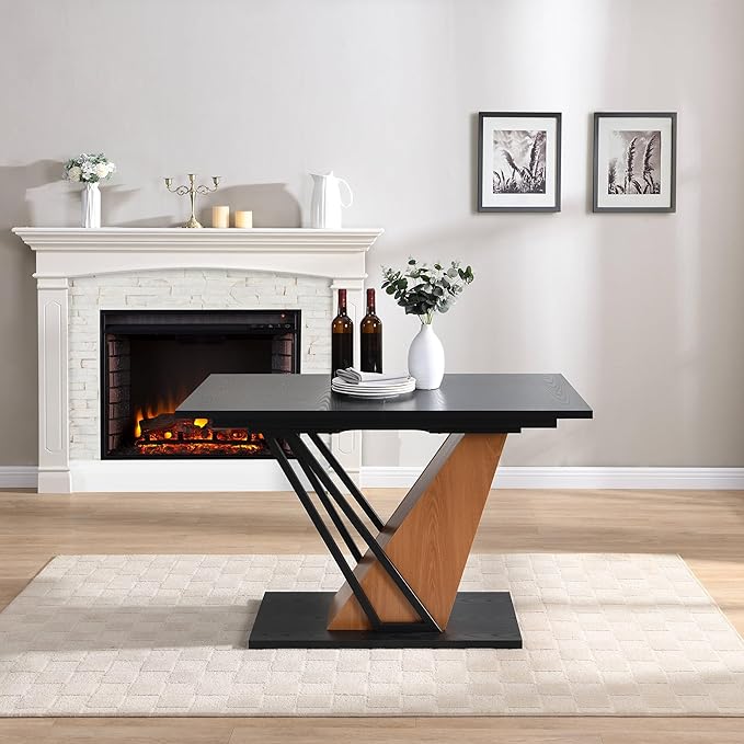 62" Extendable Island Table, Rustic Dining Table with Metal Frame, Mid Century Dining Table with MDF Top for Kitchen Dining Office, Black Brown