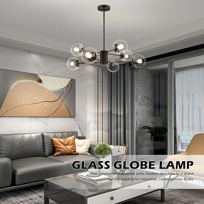 Bagood 8-Light Globe Sputnik Chandelier Mid Century Sputnik Chandeliers Modern Black Chandelier with Clear Globe Pendant Light Clear Glass Adjustable Hanging Ceiling Light for Living Dining Room