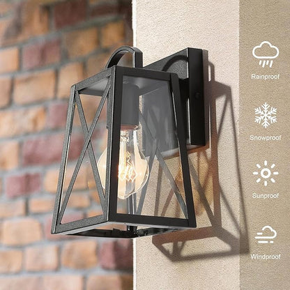 Black Outdoor Wall Sconce Lights, Farmhouse Trapezoid Anti-Rust Waterproof Outdoor Porch Lights Wall Mount Exterior Light Fixture with Clear Glass for Patio, Froot Door, Garage