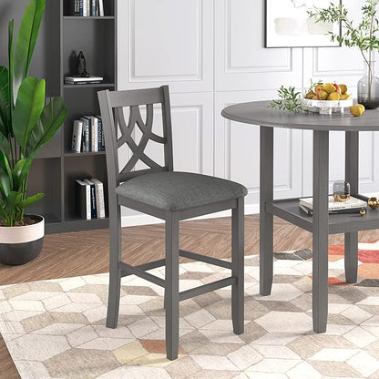 Modern Rustic 3 Piece Round Counter Height Dining Table Set with with Drop Leaf Table,Bottom Shelf and 2 Padded Chairs,Wooden Kitchen Furniture for Small Places