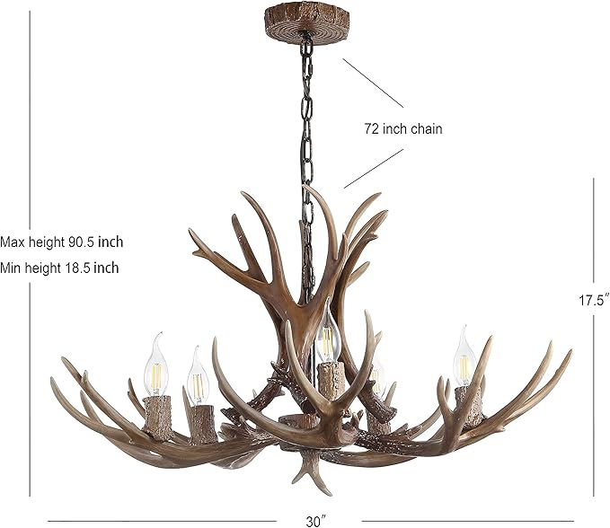 JONATHAN Y 30" Brown Rustic Resin Antler 5-Light LED Chandelier, Farmhouse Faux Deer Horn Hanging Ceiling Light for Dining Room, Kitchen Island, Adjustable Light Fixture (JYL6300A)
