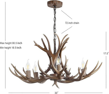 JONATHAN Y 30" Brown Rustic Resin Antler 5-Light LED Chandelier, Farmhouse Faux Deer Horn Hanging Ceiling Light for Dining Room, Kitchen Island, Adjustable Light Fixture (JYL6300A)