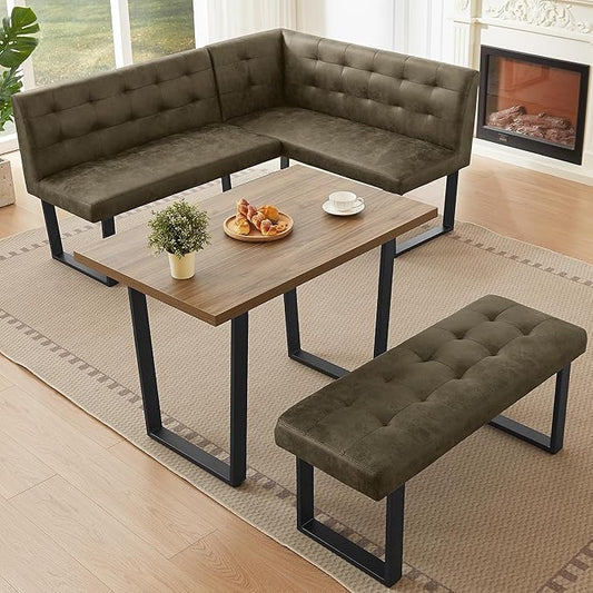 HIPIHOM 3-Piece Corner Dining Table Set with Bench, 70 Inch Space-Saving Breakfast Nook for Kitchen & Dining Room(Walnut Table & L-Seat Brown Bench)
