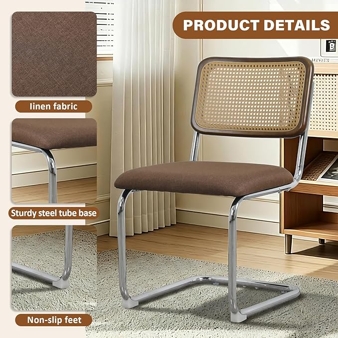 Linen Dining Chair Set of 6 Arched Rattan Square Back Stainless Chrome Base Upholstered Side Chair for Dining Room, Kitchen Island,Coffee